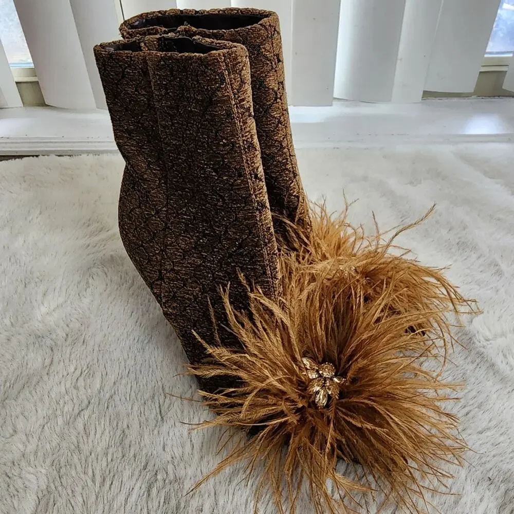 Sam Edelman Ency Feathered Ankle Booties Rhinestone Pointed Toe Brown Heeled 6.5